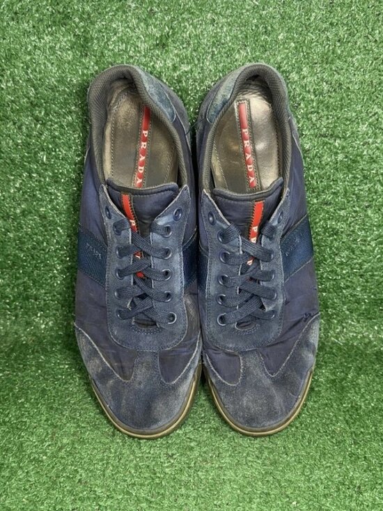 PRADA Mens Size 13 US Suede Leather Nylon Shoes Navy Red Stripe Luxury Sneakers main image 6